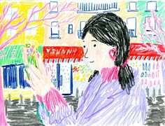 a child's drawing of a girl holding her hands up in front of buildings