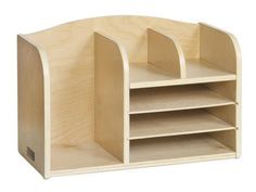 a wooden shelf with three shelves on each side and one section open to show the contents