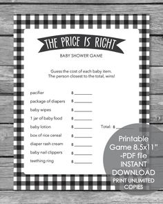 the price is right baby shower game with black and white gingham checkers