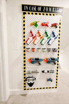 Boys Room Storage, Nerf Storage, Boys Room Diy, Storage And Organization Ideas, Peg Wall, Boys Playroom, Playroom Organization, Shower Surround