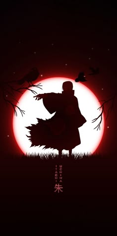 the silhouette of a person in front of a full moon with birds flying over it