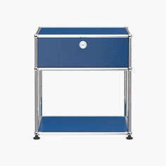 a blue and chrome side table with wheels on the bottom, against a white background