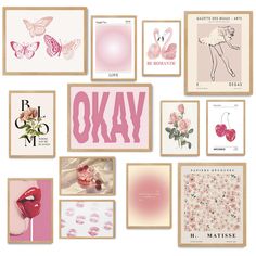 a collection of pink and white greeting cards with the word okay on them in various frames