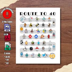 the route to 40 poster is displayed on a wooden table with other items in it