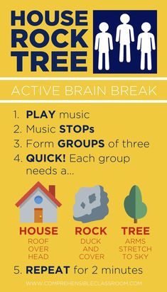 the house rock tree poster is shown in blue, yellow and red with instructions on how to