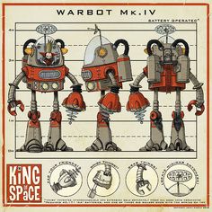 From: THE KING OF SPACE by Jonny Duddle Robot Illustration, Retro Robot, Arte Robot, Robot Design, Robots Concept, Robot Art, Robot Concept Art, Character Design Animation, Illustration Sketches