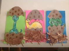 three paper plates with dinosaurs and eggs on them, one is made out of cardboard