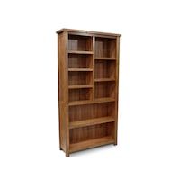 a wooden bookcase with three shelves on one side and two doors on the other