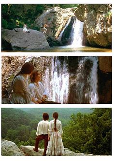 two pictures of people standing in front of a waterfall, and the same person sitting on a rock