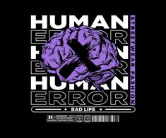 the human error logo is shown in purple and white on a black background, with an image of a brain