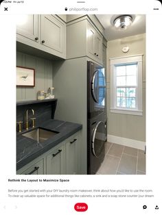 an image of a laundry room with grey cabinets and marble counter tops on the bottom