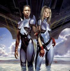 two women dressed in futuristic garb holding swords and standing next to each other on the water