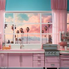 a pink kitchen with palm trees painted on the window sill and cabinets in front of it