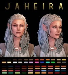 two renderings of a woman with white hair and grey hair, each wearing different colors