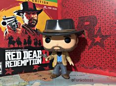 the red dead redemption pop vinyl figure is shown in front of a map and poster