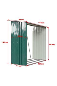 an image of a green metal shed with measurements