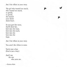 a poem written in black and white with birds flying above it, which reads i am the villain in your story