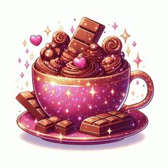 a cup filled with lots of chocolate on top of a saucer and surrounded by stars