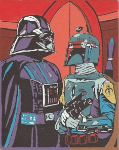 a painting of two people dressed as darth vader and c - 3po