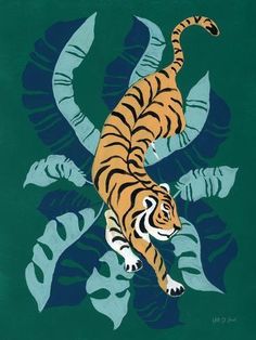 a painting of a tiger in the middle of some plants and leaves on a green background