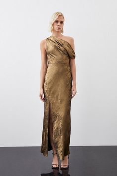 Premium Metallic Ruched One Shoulder Woven Maxi Dress | Karen Millen Latest Maxi Dresses, Gold Maxi Dress, Gold Bridesmaid Dresses, Maxi Dress Collection, Bride Outfits, Mother Of The Bride Outfit, Evening Dresses Cocktail, Bandeau Dress, Dress Gold