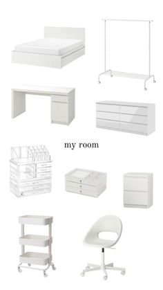 white furniture is shown with the words my room above it