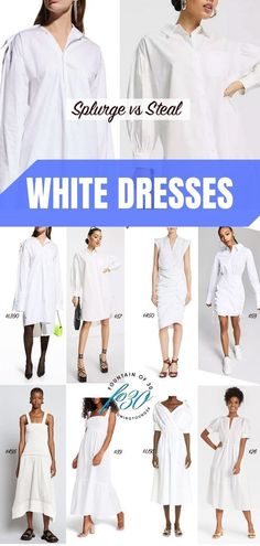 Get your white dresses for spring and summer - high vs low price! How much will you spend? #fashion #over40 #summerfashion #whitedress #springfashion White Sundress For Spring/summer, White Spring Sundress For Dress-up, White Relaxed Fit T-shirt Dress For Spring, White Summer Shirt Dress With 3/4 Sleeves, White V-neck Tiered Dress For Summer, Style Inspiration Petite, Dresses For Women Over 40, White Midi Dresses, Splurge Vs Steal