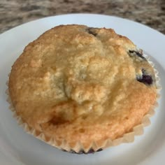 a blueberry muffin sitting on top of a white plate