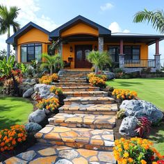 a yellow house with stone steps leading to the front door and flowers in the foreground