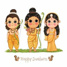 three little kids dressed up as hindu deities with bows and arrows in their hands, standing next to each other