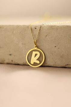 Gold Initial Pendant - Initial Gold Necklace ● Material of pendant: Solid Gold 14k ( REAL GOLD ) ● Metal Stamp: 14k ( REAL GOLD ) ● The pendant is available in 5 sizes: - 12,7 mm / 0.5 inches (Diameter) - 14,0 mm / 0,55 inches ( Diameter ) In the photos - 15,3 mm / 0.6 inches ( Diameter ) - 16,5 mm / 0,65 inches ( Diameter ) - 19,1 mm / 0,75 inches ( Diameter ) ( In the photos the size is 14mm / 0.55 inches Diameter ) ( Jump Ring inner diameter: 4 mm ) ● Material of chain: Solid gold 14k ( REAL 14k Gold Hallmarked Name Necklace, 14k Gold Round Name Necklace, 14k Gold Round Pendant Necklace With Hallmarks, Yellow Gold Heart Charm Necklace, Yellow Gold Pendant Necklace With Hallmarks, R Letter Necklace, R Letter, Gold Initial Pendant