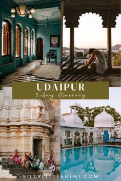 an outdoor swimming pool with people sitting around it and the words udaipur 3 day it