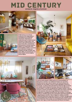 an article about mid century decorating with photos and text describing the different rooms in this house