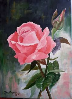 a painting of a pink rose with green leaves