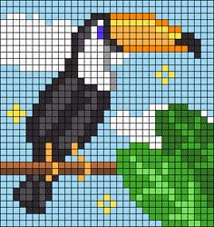 a cross stitch pattern with a toucan sitting on a branch