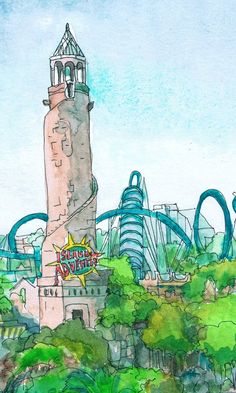 a drawing of a tower with a roller coaster in the background