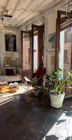 a living room filled with lots of furniture and plants on the floor next to windows