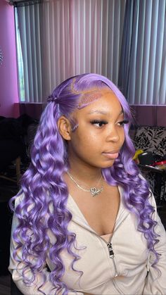 3 business days processing , 5-8 business days shipping. full frontal wig transparent lace 14"-30" - 180% Density 32"-40"- 200% Density size M cap (22.5 in) If you'd like a different curly texture besides the ones listed, put deep wave as the texture put the texture in the notes in checkout. Purple Wig On Dark Skin, Orange Wig Hairstyles, Lavender Wigs For Black Women, Purple Wig Install, Lavender Lace Front Wig, Baddie Wigs, Lavender Wig, Purple Hairstyles, Pretty Wigs