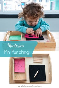 a toddler playing with an art project in a wooden tray and the words montessor