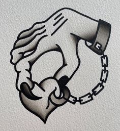 a black and white drawing of two hands holding each other with chains on the wrist