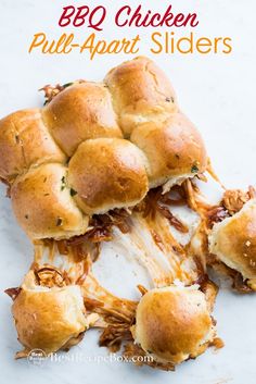 bbq chicken pull apart sliders on a white surface with the title above it