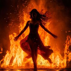 a woman is dancing in front of a fire with her arms outstretched and legs spread out