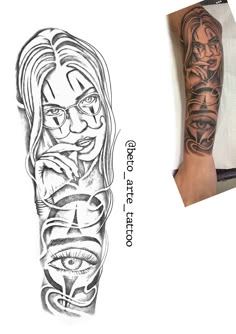 a person with tattoos on their arms and leg, next to a drawing of a woman's face