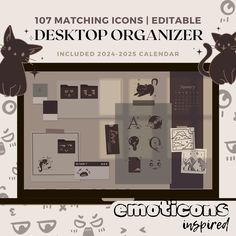 an image of a desktop computer screen with cats on it and the caption reads, 101 matching icons i editable desk top organizer