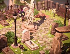 an animated cemetery with statues, lights and flowers on the ground in front of it