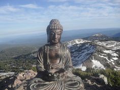 a buddha statue sitting on top of a mountain