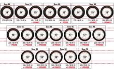 an image of different types of tires and wheels for the car, with numbers on each side