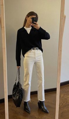 Commute Outfit To Work, White Jeans Black Sweater, Winter White Denim Outfit, Modern Muse Outfit, White Jean Autumn Outfit, Business Boots Outfit, Off White Pants Outfit Winter, White Tee Under Sweater, Sweater Date Night Outfit