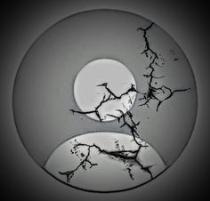 the yin sign is in front of a full moon and tree branches with no leaves on it