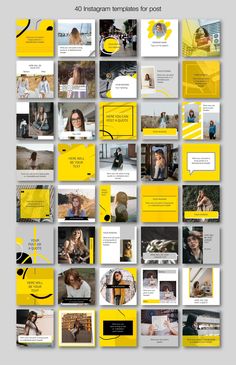 a bunch of yellow and black squares with some pictures on them, all in different colors